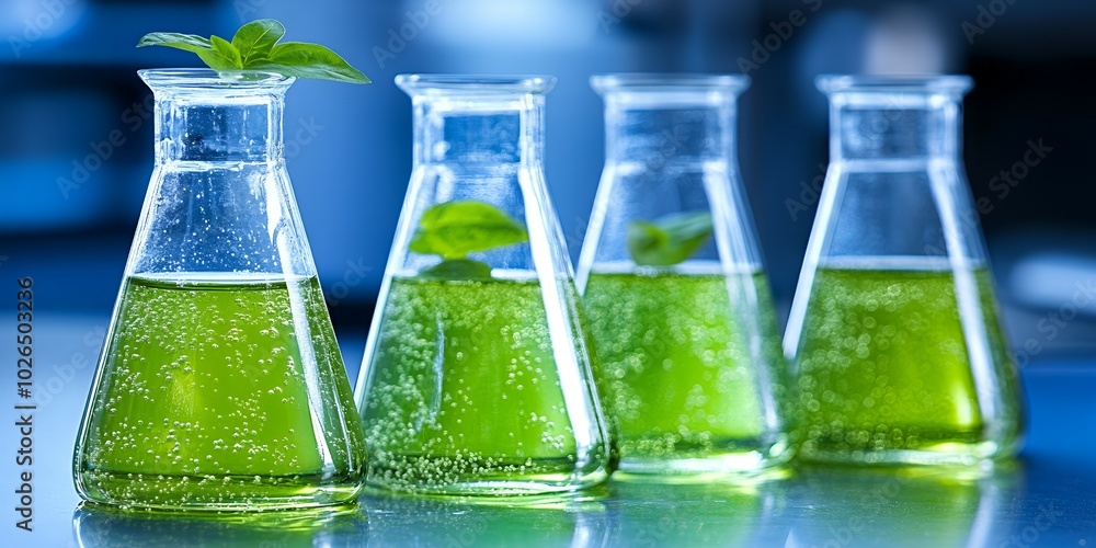 Four beakers filled with a green liquid and leaves. Four beakers filled with a green liquid and leaves.