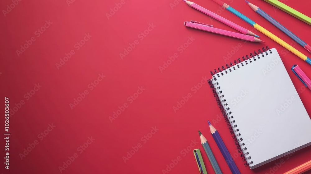 Horizontal red background back to school concept, school supplies colored pencils, white notebook with copy space located on the right, top view, flat lay, teacher's day promotion banner Horizontal red background back to school concept, school supplies colored pencils, white notebook with copy space located on the right, top view, flat lay, teacher's day promotion banner