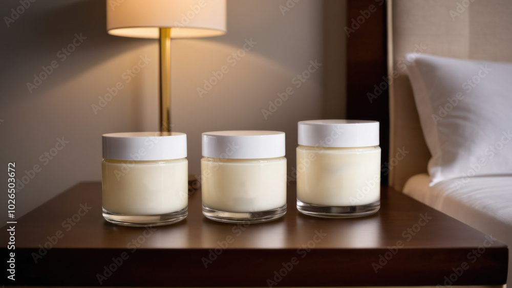 This image features two elegant night cream jars with a smooth, minimalist design. Their branding-free look enhances their luxurious appeal, perfect for beauty marketing in a serene bedroom setting. This image features two elegant night cream jars with a smooth, minimalist design. Their branding-free look enhances their luxurious appeal, perfect for beauty marketing in a serene bedroom setting.