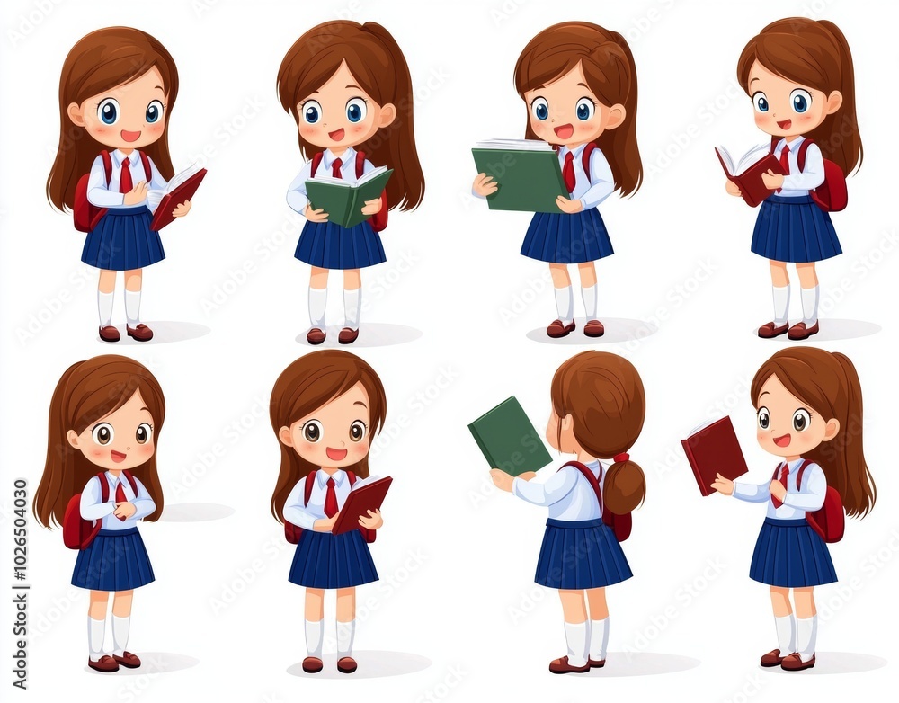 A modern schoolgirl character reading books and doing education activities on a white background. Back to school kid cartoon character in uniform. A modern schoolgirl character reading books and doing education activities on a white background. Back to school kid cartoon character in uniform.