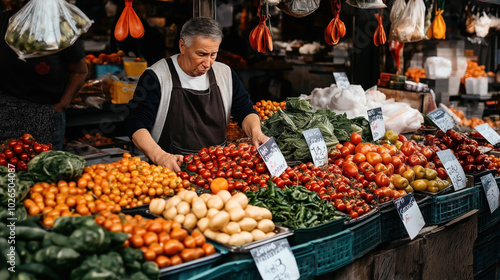 Outdoor market stall with a variety of fresh vegetables and fruits, including tomatoes and greens, with a vendor organizing produce.