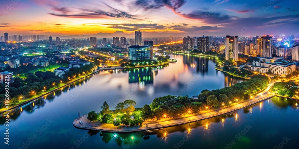 Fototapeta premium Aerial Drone Night View of Hanoi Cityscape Over Linh Dam Lake: Vibrant Urban Lights and Reflection
