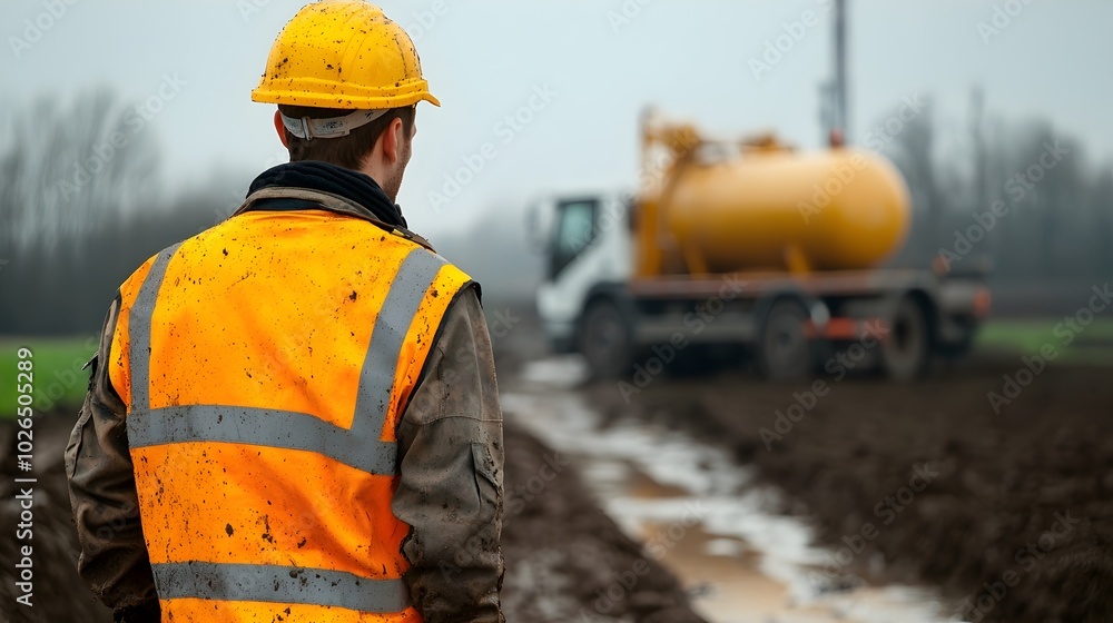 Worker in Safety Helmet Operating Septic Truck in Rural Area - Navigating Muddy Terrain Near Water Treatment Facility Worker in Safety Helmet Operating Septic Truck in Rural Area - Navigating Muddy Terrain Near Water Treatment Facility
