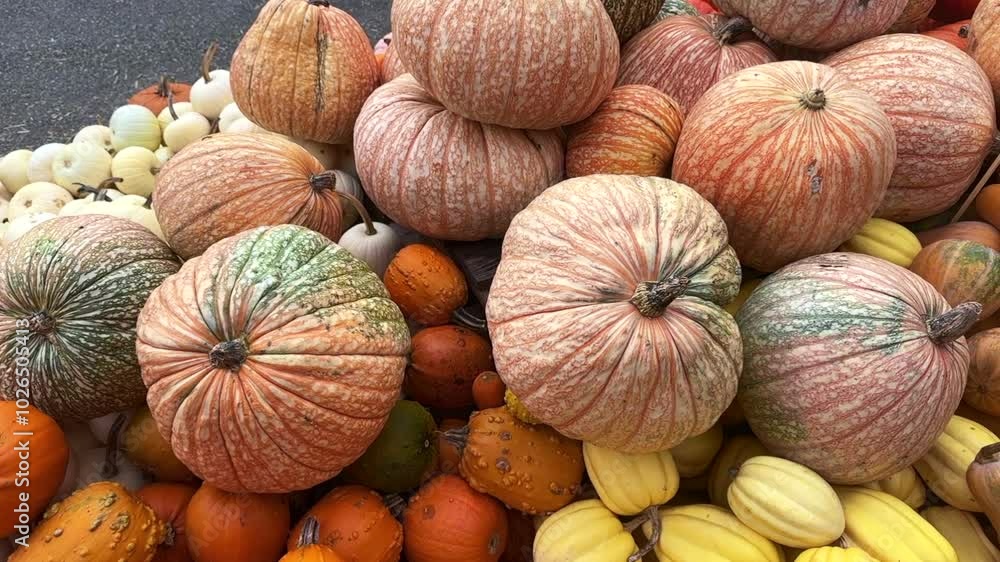 Moonscape Pumpkins atop a Diverse Harvest Display. Large Moonscape pumpkins resting on a mound of Warty Minion, Acorn, and Honeynut squash. This scene is perfect for highlighting seasonal produce. Moonscape Pumpkins atop a Diverse Harvest Display. Large Moonscape pumpkins resting on a mound of Warty Minion, Acorn, and Honeynut squash. This scene is perfect for highlighting seasonal produce.