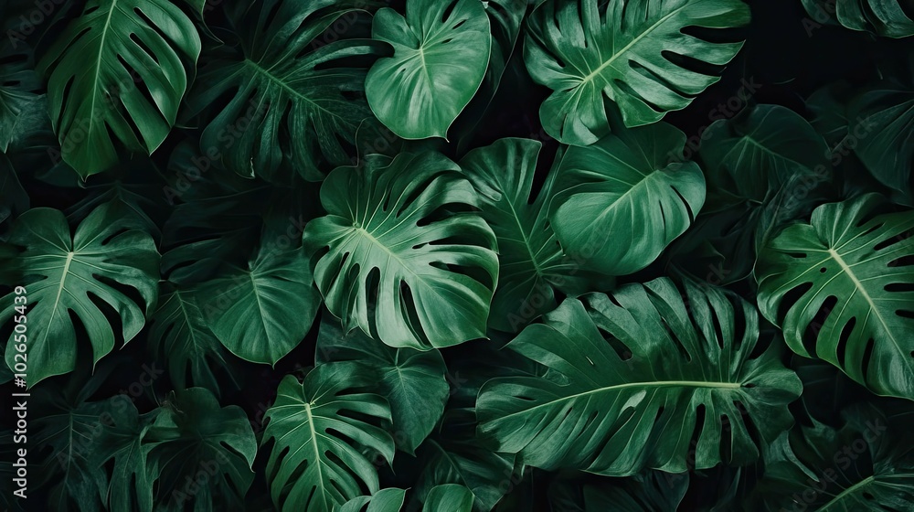 Lush green monstera leaves create a dense, tropical backdrop. Lush green monstera leaves create a dense, tropical backdrop.