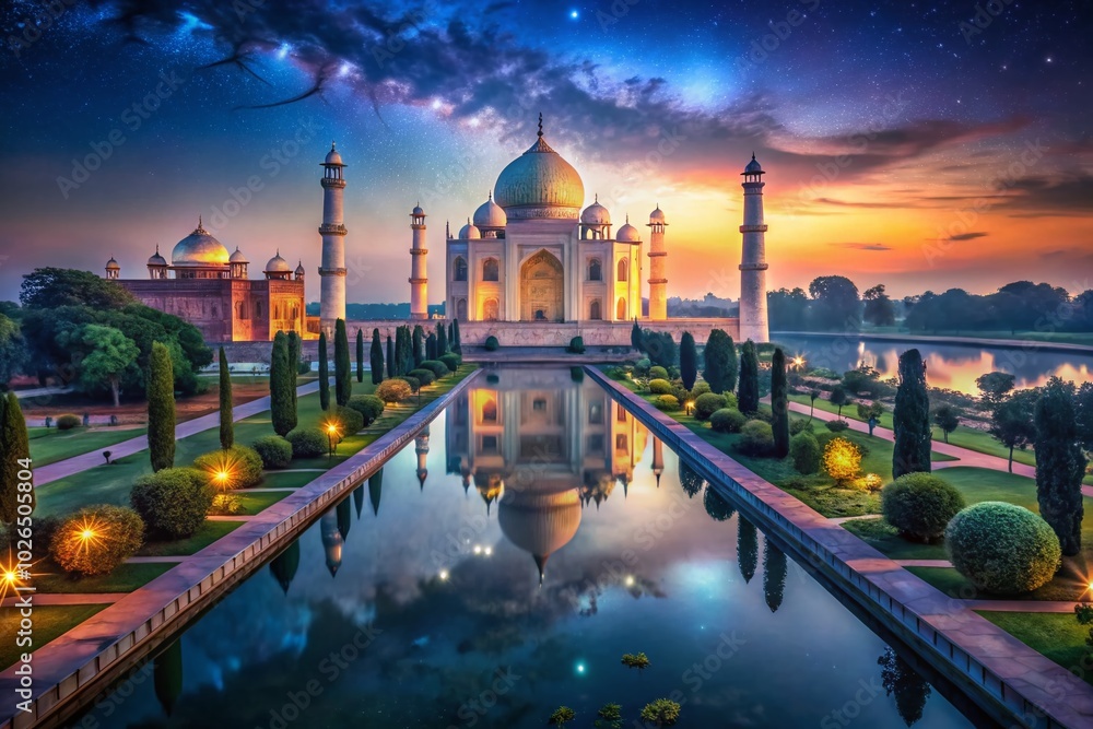 Naklejka premium Aerial Night View of Taj Mahal: Illuminated Mosque and Reflection in Water, India