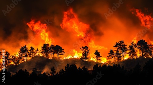 Apocalyptic Wildfire Scene at Night with Silhouetted Trees.