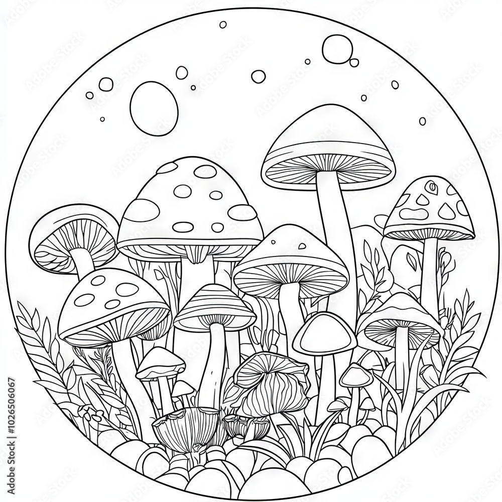 A circle shape pattern with fantasy mushrooms that can be used as a coloring book pattern A circle shape pattern with fantasy mushrooms that can be used as a coloring book pattern
