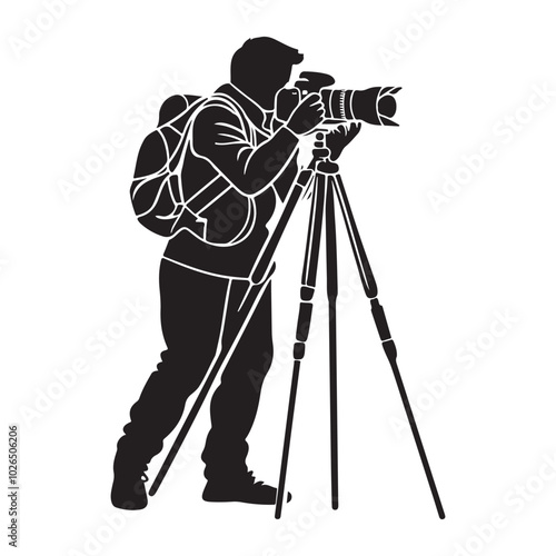 Man taking photo using tripod, Silhouette of man taking photo using tripod, vector illustration on a white background