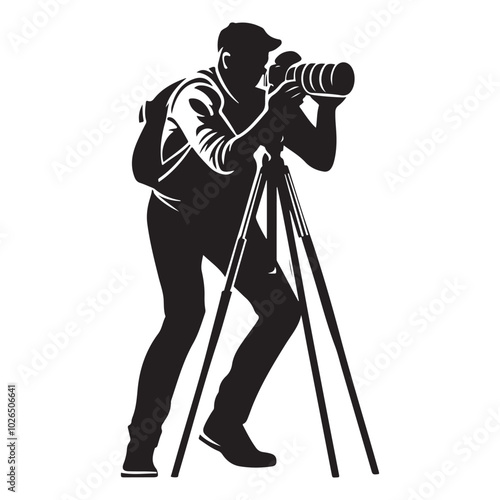 Man taking photo using tripod, Silhouette of man taking photo using tripod, vector illustration on a white background