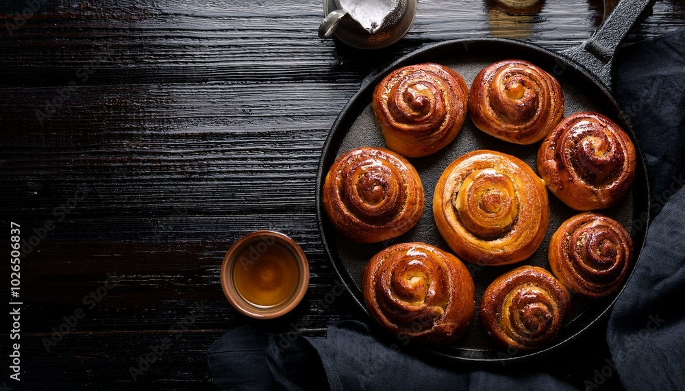 Freshly baked Swedish Kanelbullar on a black table Freshly baked Swedish Kanelbullar on a black table