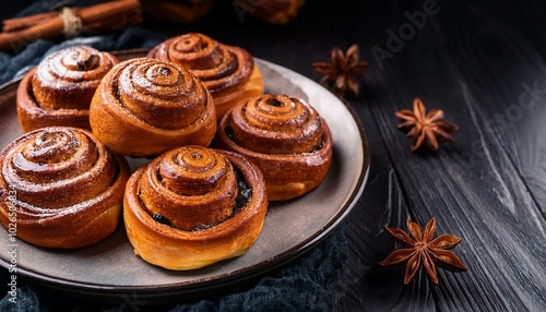 Wallpaper Mural Freshly baked Swedish Kanelbullar on a black table Torontodigital.ca