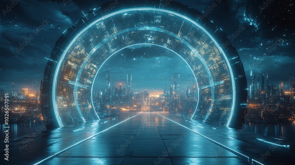 Futuristic Cityscape with Glowing Portal and Pathway Futuristic Cityscape with Glowing Portal and Pathway