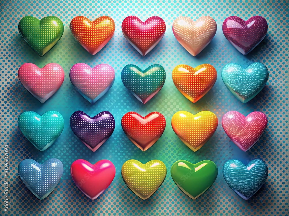 Aerial View of 3D Heart Icons with Halftone Patterns in Trendy Retro Design for Unique Artwork Aerial View of 3D Heart Icons with Halftone Patterns in Trendy Retro Design for Unique Artwork