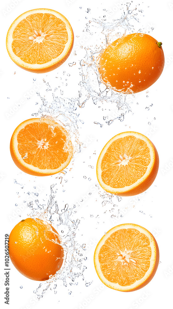 Set of fresh delicious oranges splashing Set of fresh delicious oranges splashing