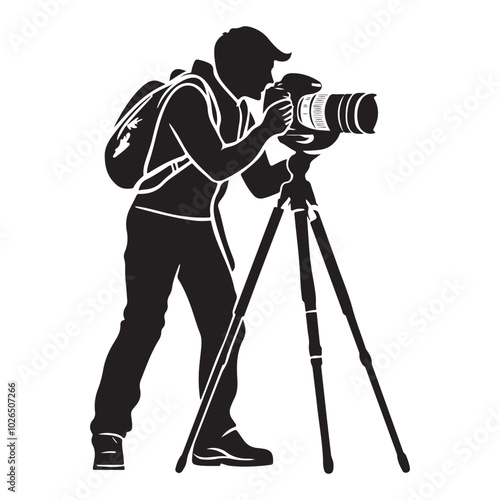 Man taking photo using tripod, Silhouette of man taking photo using tripod, vector illustration on a white background