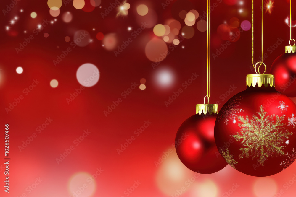 Fototapeta premium Glänzende rote Weihnachtskugeln vor festlichem Bokeh-Hintergrund, Shiny red Christmas baubles against a festive bokeh background