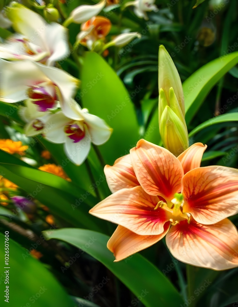 An artistic floral background displaying a lush garden scene with large, overlapping petals of orchids and lilies, rendered in a vivid impressionist style, emphasizing bright greens and other warm. An artistic floral background displaying a lush garden scene with large, overlapping petals of orchids and lilies, rendered in a vivid impressionist style, emphasizing bright greens and other warm.