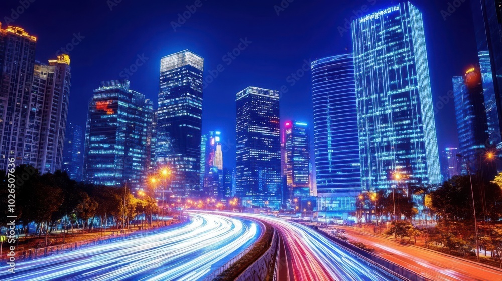 Smart City Grid at Night with Bright Skyline Smart City Grid at Night with Bright Skyline