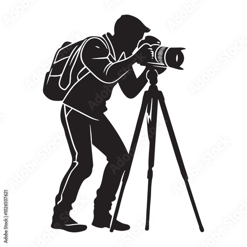 Man taking photo using tripod, Silhouette of man taking photo using tripod, vector illustration on a white background