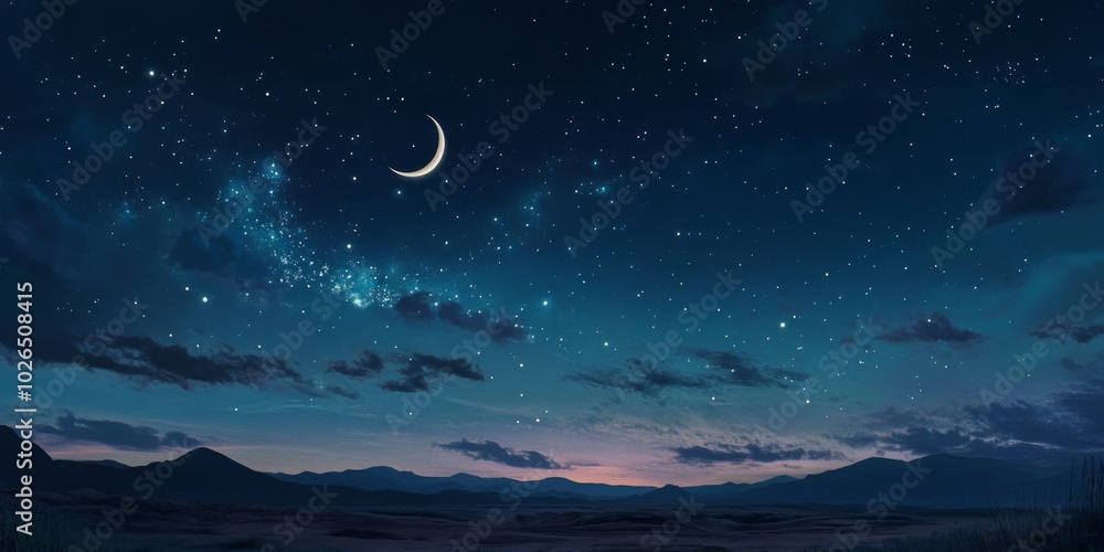 Serene Night Sky with Stars and Crescent Moon, Symbolizing the Spiritual Connection of Ramadan to the Divine. Serene Night Sky with Stars and Crescent Moon, Symbolizing the Spiritual Connection of Ramadan to the Divine.
