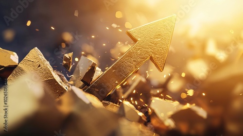 Golden arrows breaking through barriers, symbolizing unstoppable growth and record market highs, sharp contrast and energy