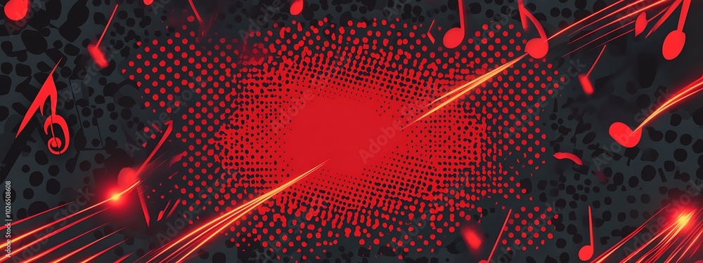 Red and black abstract background with musical notes and glowing lines.