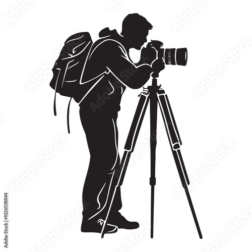 Man taking photo using tripod, Silhouette of man taking photo using tripod, vector illustration on a white background