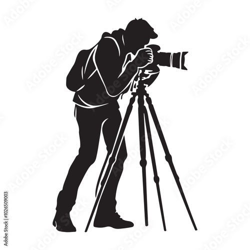 Man taking photo using tripod, Silhouette of man taking photo using tripod, vector illustration on a white background