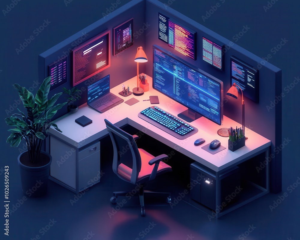 Modern isometric smart office with sleek desks, interactive digital screens, and automated lighting systems Modern isometric smart office with sleek desks, interactive digital screens, and automated lighting systems