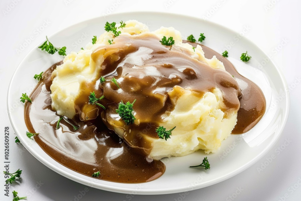 A classic comfort food dish featuring creamy mashed potatoes topped with savory gravy, served on a clean white plate A classic comfort food dish featuring creamy mashed potatoes topped with savory gravy, served on a clean white plate