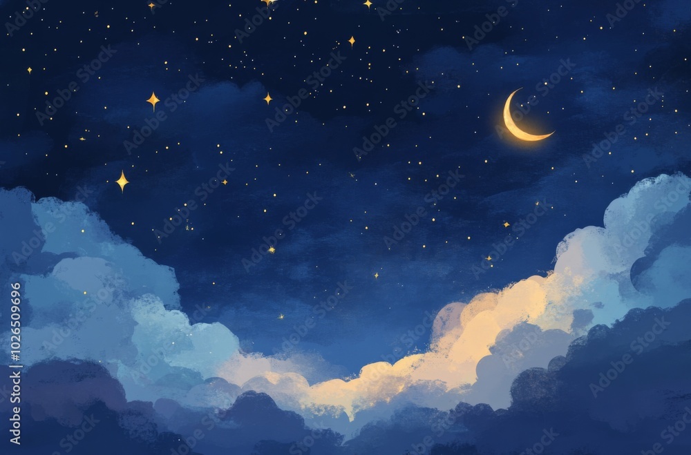 Serene Night Sky with Stars and Crescent Moon, Symbolizing the Spiritual Connection of Ramadan to the Divine. Serene Night Sky with Stars and Crescent Moon, Symbolizing the Spiritual Connection of Ramadan to the Divine.
