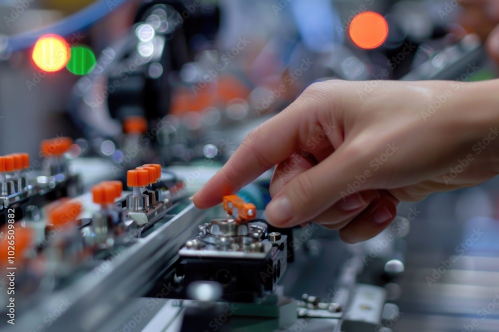 Close-up of a hand pressing a button on a machine, possibly industrial or technical device Close-up of a hand pressing a button on a machine, possibly industrial or technical device