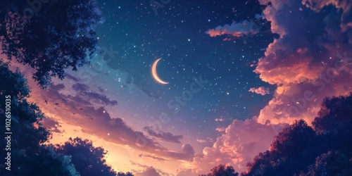 Serene Night Sky with Stars and Crescent Moon, Symbolizing the Spiritual Connection of Ramadan to the Divine.