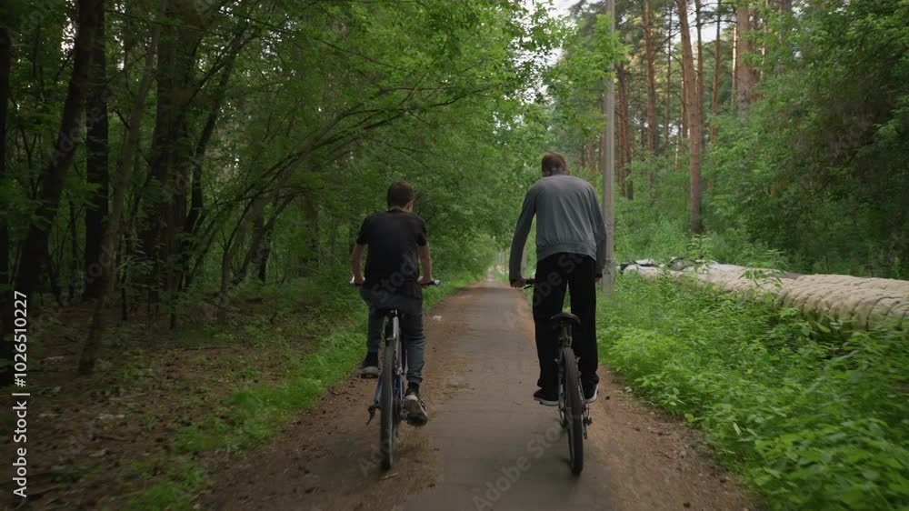 Two friends riding bicycles along a paved path surrounded by lush green trees, one is standing while cycling, enjoying the fresh air and nature, with electric pole by the side Two friends riding bicycles along a paved path surrounded by lush green trees, one is standing while cycling, enjoying the fresh air and nature, with electric pole by the side