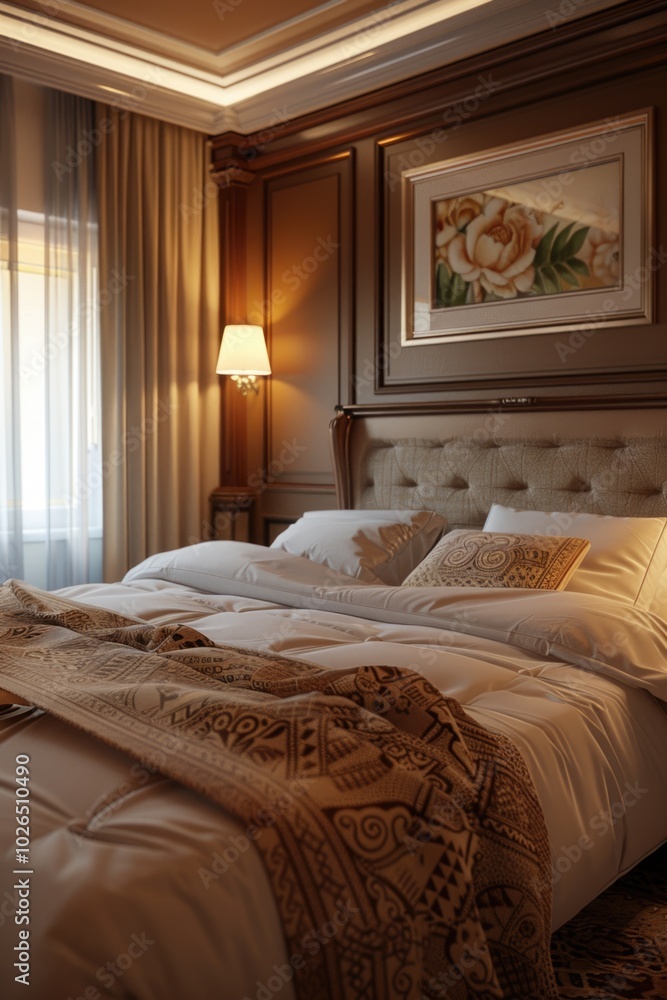 A cozy bedroom with a bed and a picture on the wall