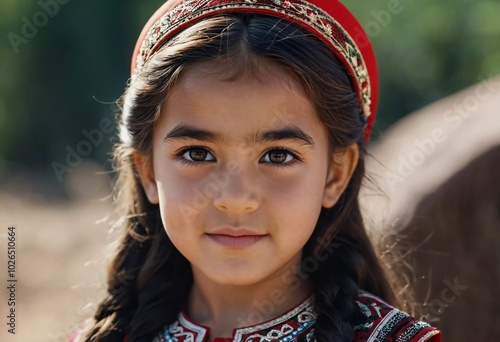 A young girl 5 years old of Tajik nationality stands outdoors, dressed in traditional attire. Her facial expression reflects curiosity and innocence, surrounded by nature's tranquility. AI generated photo