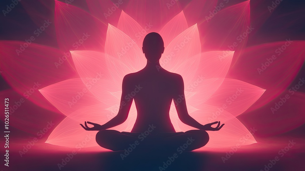A silhouetted figure meditates in front of a vibrant lotus flower backdrop, radiating tranquility and spiritual energy. A silhouetted figure meditates in front of a vibrant lotus flower backdrop, radiating tranquility and spiritual energy.