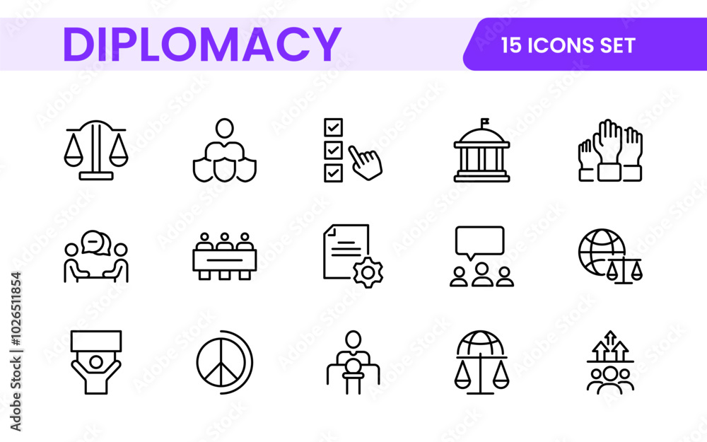 Diplomacy Line Icons set. Vector illustration in modern thin line style of political dialogue related icons: summit, diplomatic, politics, debate, and more. Diplomacy Line Icons set. Vector illustration in modern thin line style of political dialogue related icons: summit, diplomatic, politics, debate, and more.