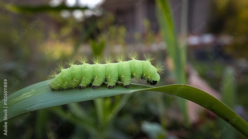 Naklejka premium Green Caterpillar with Spiky Hairs on a Leaf