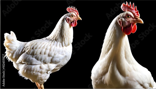 Two White Chickens on a Black Background photo