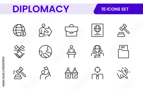 Diplomacy Line  Icons set. Vector illustration in modern thin line style of political dialogue related icons: summit, diplomatic, politics, debate, and more.