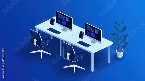 Isometric office space featuring smart desks, voiceactivated systems, and sleek, modern design for a productive workspace