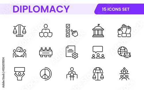 Diplomacy Line  Icons set. Vector illustration in modern thin line style of political dialogue related icons: summit, diplomatic, politics, debate, and more.