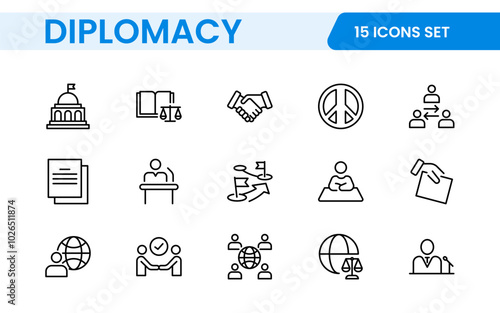 Diplomacy Line  Icons set. Vector illustration in modern thin line style of political dialogue related icons: summit, diplomatic, politics, debate, and more.