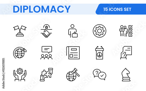 Diplomacy Line  Icons set. Vector illustration in modern thin line style of political dialogue related icons: summit, diplomatic, politics, debate, and more.