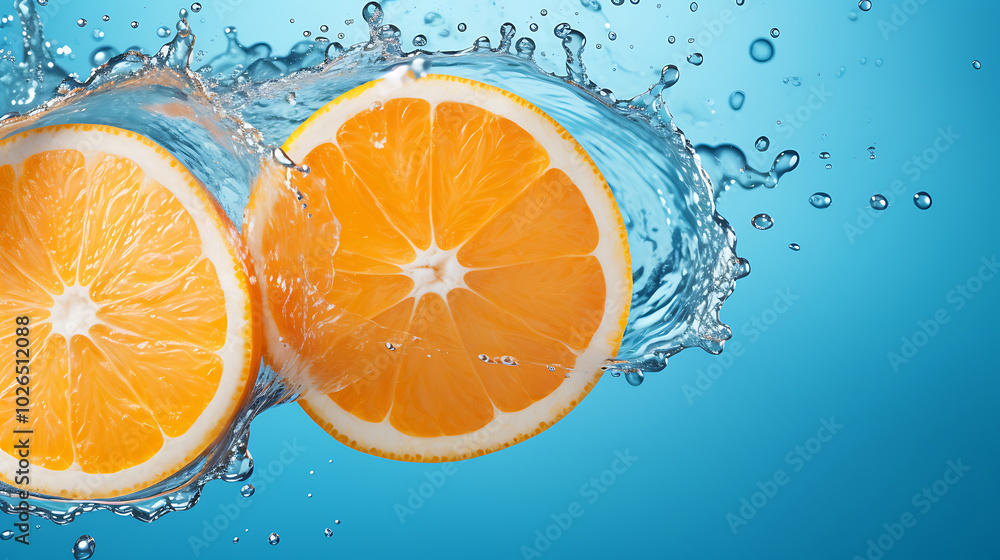 Fresh orange slices with water splash on blue background Fresh orange slices with water splash on blue background