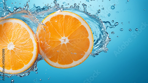 Fresh orange slices with water splash on blue background