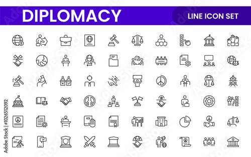 Diplomacy Line  Icons set. Vector illustration in modern thin line style of political dialogue related icons: summit, diplomatic, politics, debate, and more.
