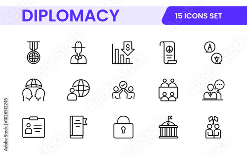 Diplomacy Line  Icons set. Vector illustration in modern thin line style of political dialogue related icons: summit, diplomatic, politics, debate, and more.